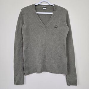 United Colors Of Benetton Pure Shetland Wool V-neck Womens Sweater Top Olive M